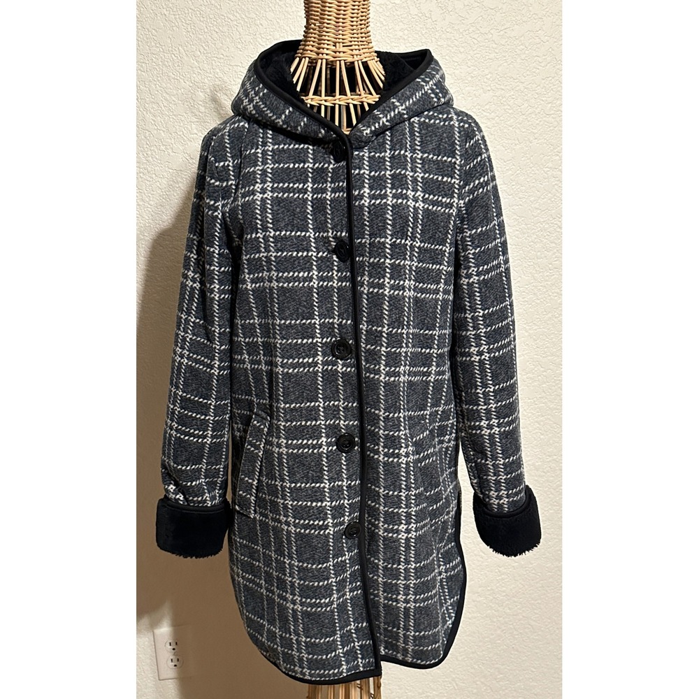 Ike Behar Womens S Grey Plaid Soft Faux Fur Lined Hooded Car Coat Jacket Button